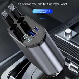 4-in-1 Retractable Fast Car Charger | Dual Cables + USB-A + USB-C | Fast Charging