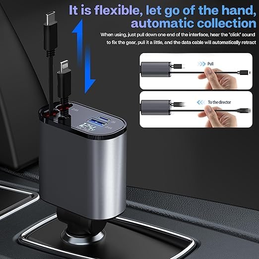 4-in-1 Retractable Fast Car Charger | Dual Cables + USB-A + USB-C | Fast Charging - Image 2