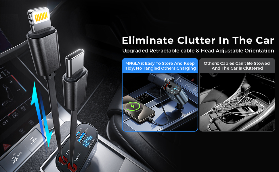 4-in-1 Retractable Fast Car Charger | Dual Cables + USB-A + USB-C | Fast Charging - Image 3