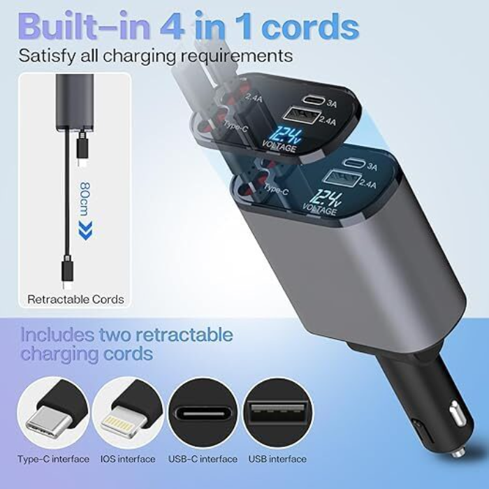 4-in-1 Retractable Fast Car Charger | Dual Cables + USB-A + USB-C | Fast Charging - Image 4