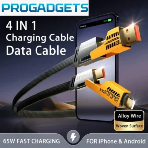 4-in-1 PD 65W Fast Charging Cable – Zinc Alloy, Nylon Braided, Type-C/USB/iPhone Multi Charger